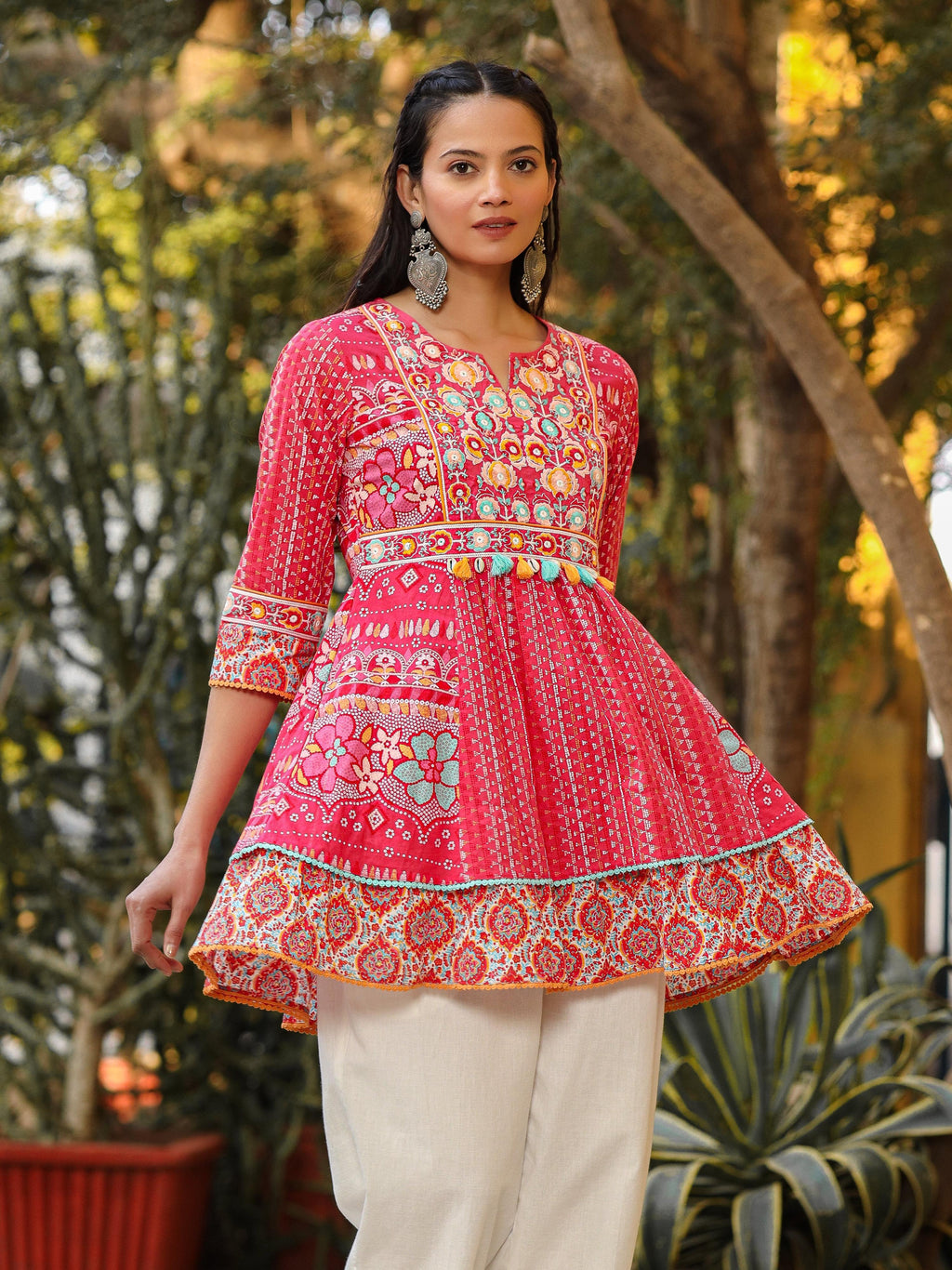 Juniper Women Pink Cotton Cambric printed & Embroidered Tunic | Grocsy