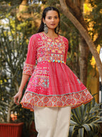 Juniper Women Pink Cotton Cambric printed & Embroidered Tunic | Grocsy