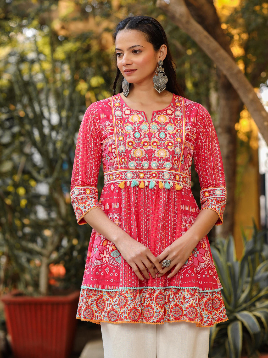 Juniper Women Pink Cotton Cambric printed & Embroidered Tunic | Grocsy