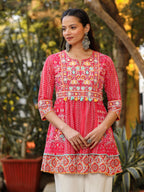 Juniper Women Pink Cotton Cambric printed & Embroidered Tunic | Grocsy