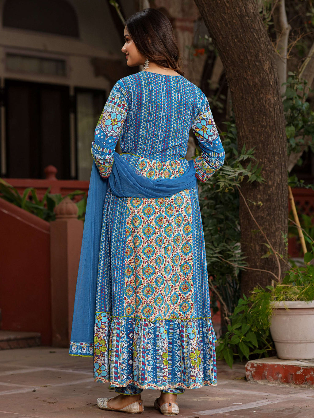 Juniper Blue Floral Printed Pure Cotton Anarkali Kurta Pants & Dupatta Set With Thread Work | Grocsy