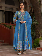 Juniper Blue Floral Printed Pure Cotton Anarkali Kurta Pants & Dupatta Set With Thread Work | Grocsy