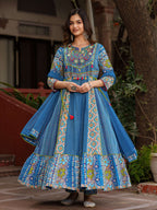Juniper Blue Floral Printed Pure Cotton Anarkali Kurta Pants & Dupatta Set With Thread Work | Grocsy