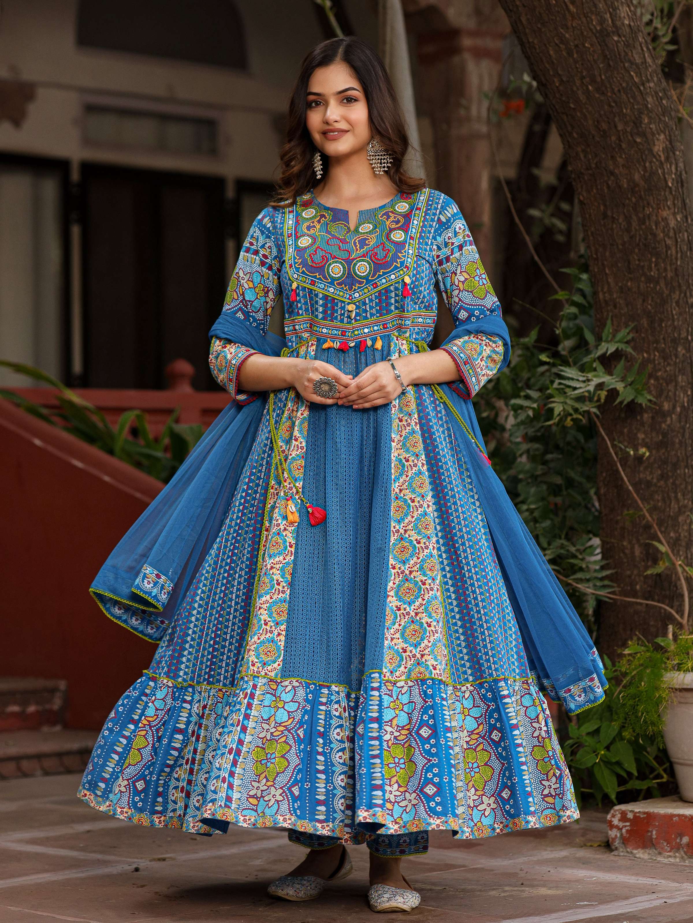 Juniper Blue Floral Printed Pure Cotton Anarkali Kurta Pants & Dupatta Set With Thread Work | Grocsy
