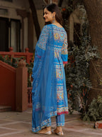 Juniper Sujani Blue Cotton & Net Floral Printed & Embroidered Panelled Kurta With Pants And Dupatta Set | Grocsy