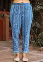 Juniper Sujani Blue Cotton & Net Floral Printed & Embroidered Panelled Kurta With Pants And Dupatta Set | Grocsy