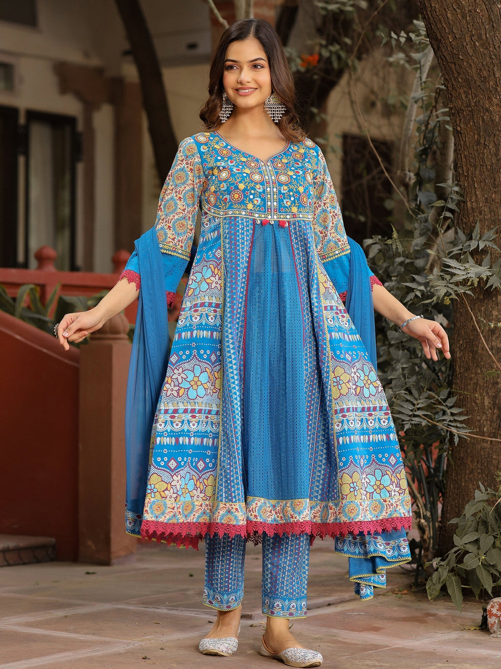 Juniper Sujani Blue Cotton & Net Floral Printed & Embroidered Panelled Kurta With Pants And Dupatta Set | Grocsy