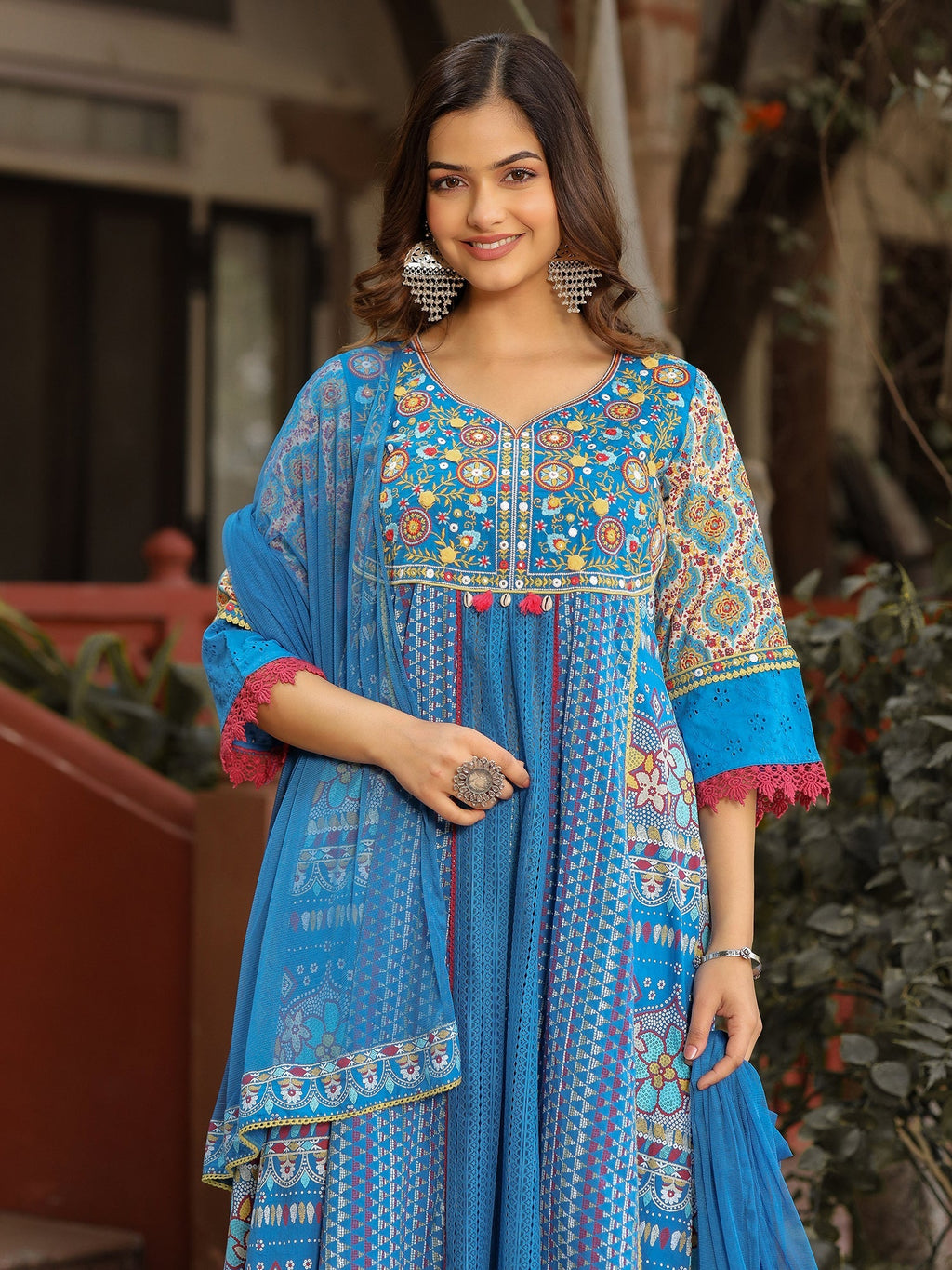 Juniper Sujani Blue Cotton & Net Floral Printed & Embroidered Panelled Kurta With Pants And Dupatta Set | Grocsy