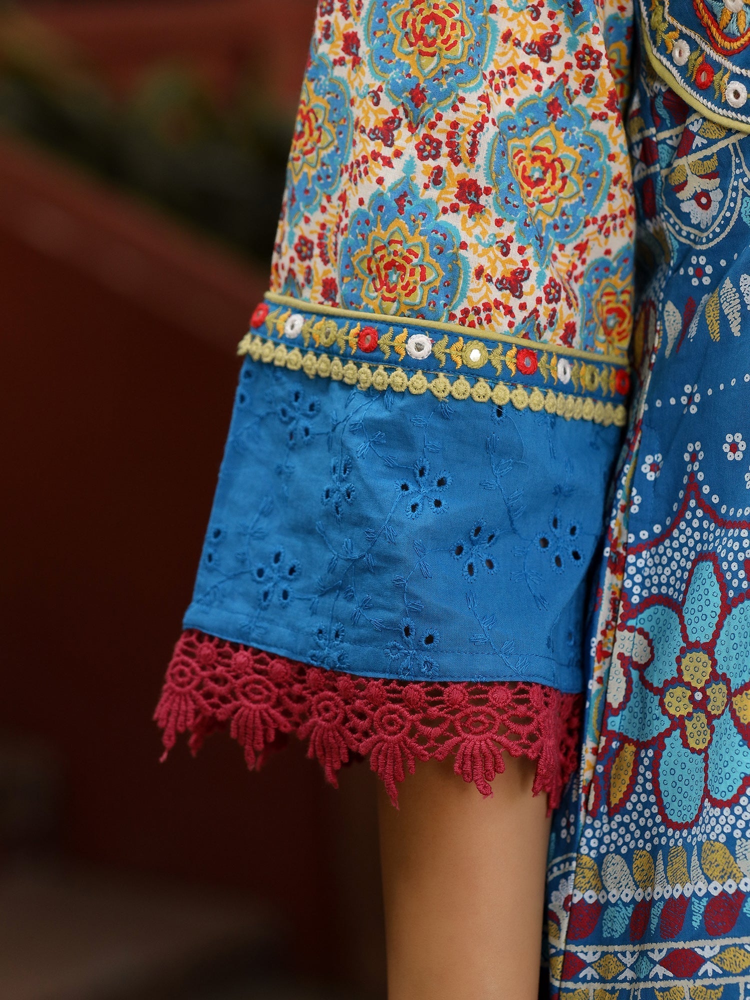 Juniper Sujani Blue Cotton & Net Floral Printed & Embroidered Panelled Kurta With Pants And Dupatta Set | Grocsy