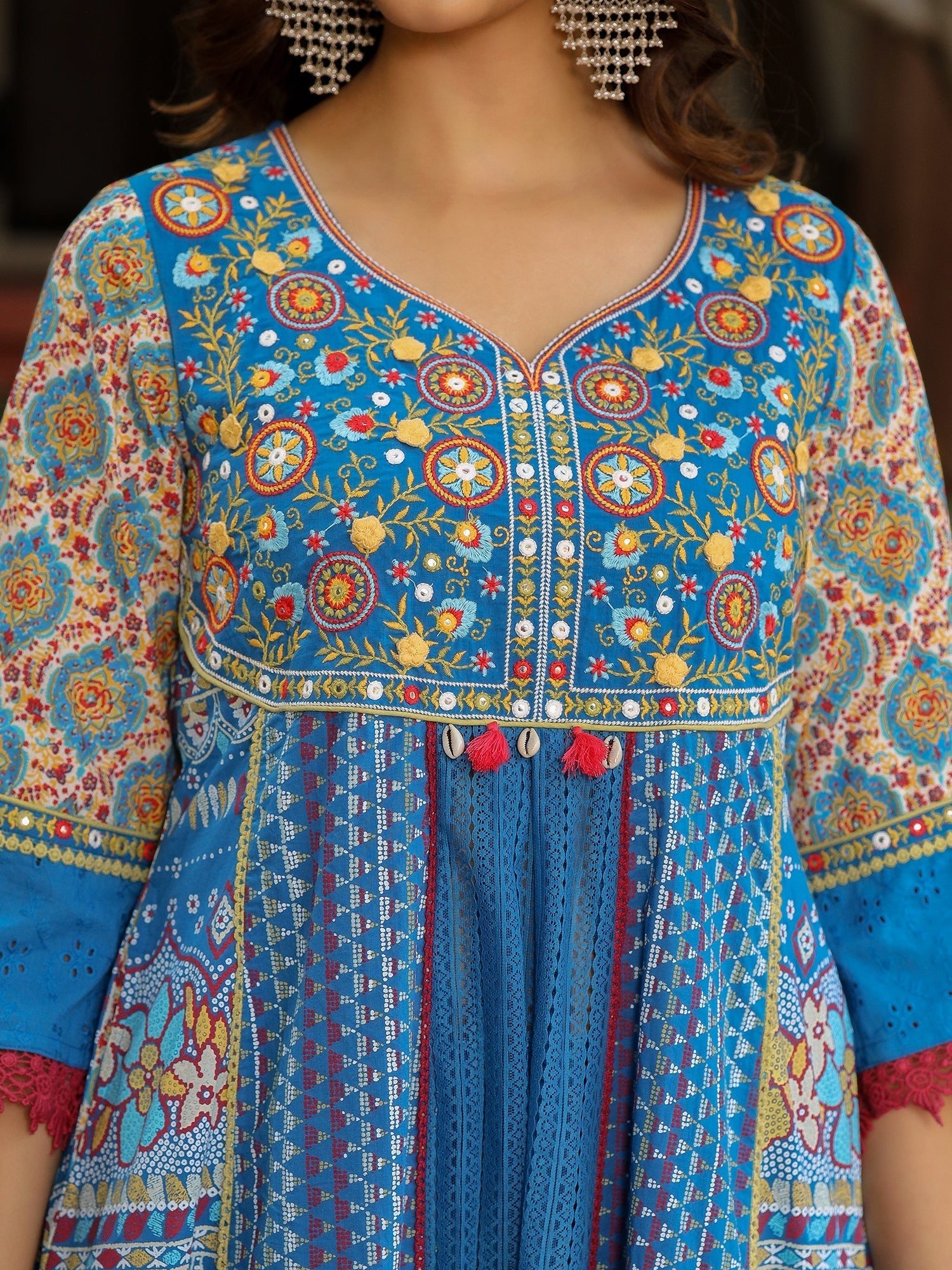 Juniper Sujani Blue Cotton & Net Floral Printed & Embroidered Panelled Kurta With Pants And Dupatta Set | Grocsy