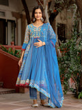 Juniper Sujani Blue Cotton & Net Floral Printed & Embroidered Panelled Kurta With Pants And Dupatta Set | Grocsy