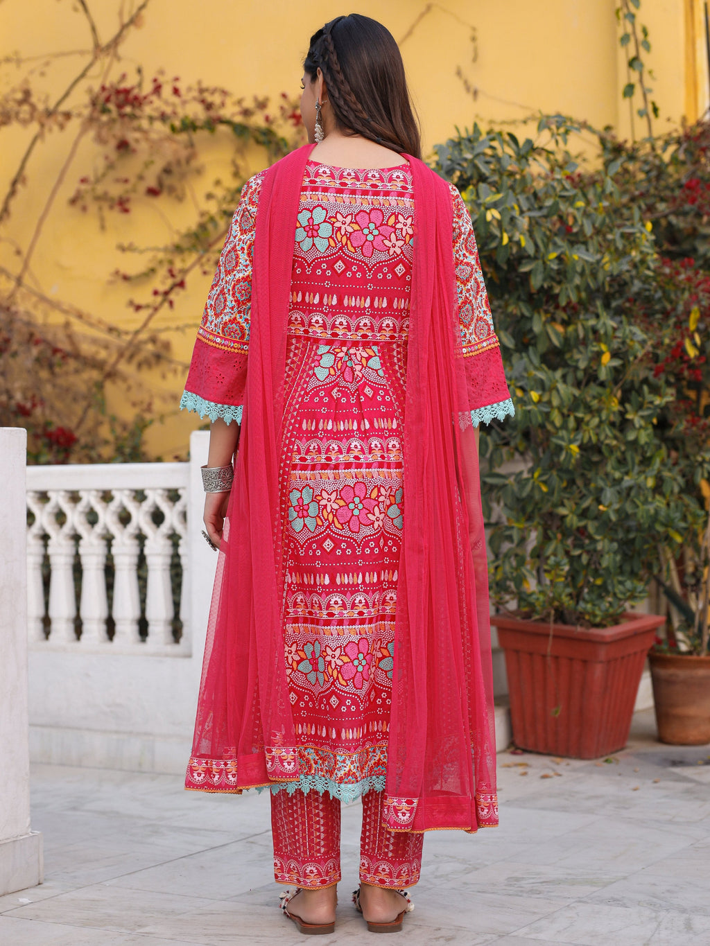 Juniper Sujani Pink Cotton & Net Floral Printed & Embroidered Panelled Kurta With Pants And Dupatta Set | Grocsy