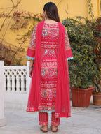 Juniper Sujani Pink Cotton & Net Floral Printed & Embroidered Panelled Kurta With Pants And Dupatta Set | Grocsy
