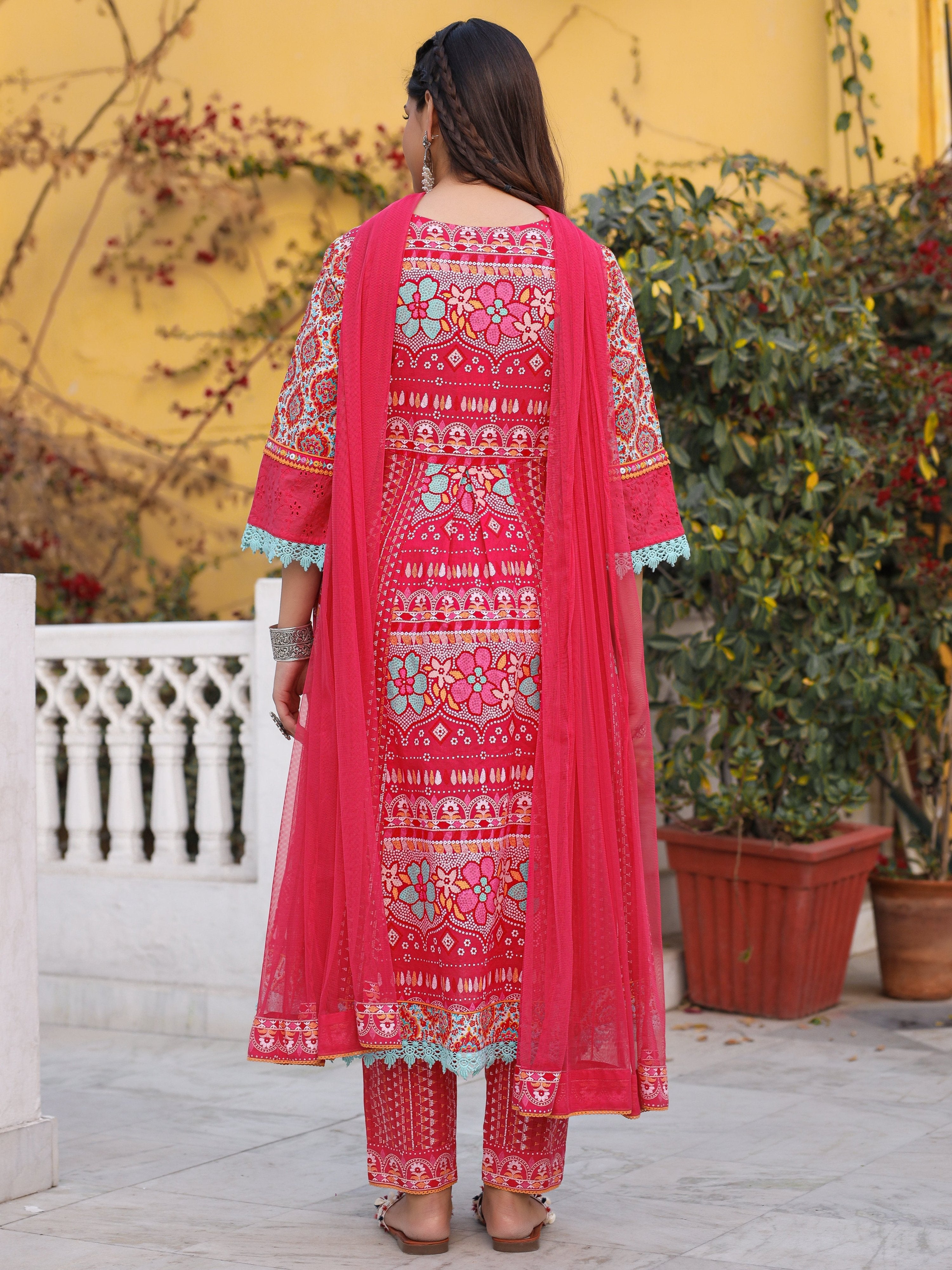 Juniper Sujani Pink Cotton & Net Floral Printed & Embroidered Panelled Kurta With Pants And Dupatta Set | Grocsy