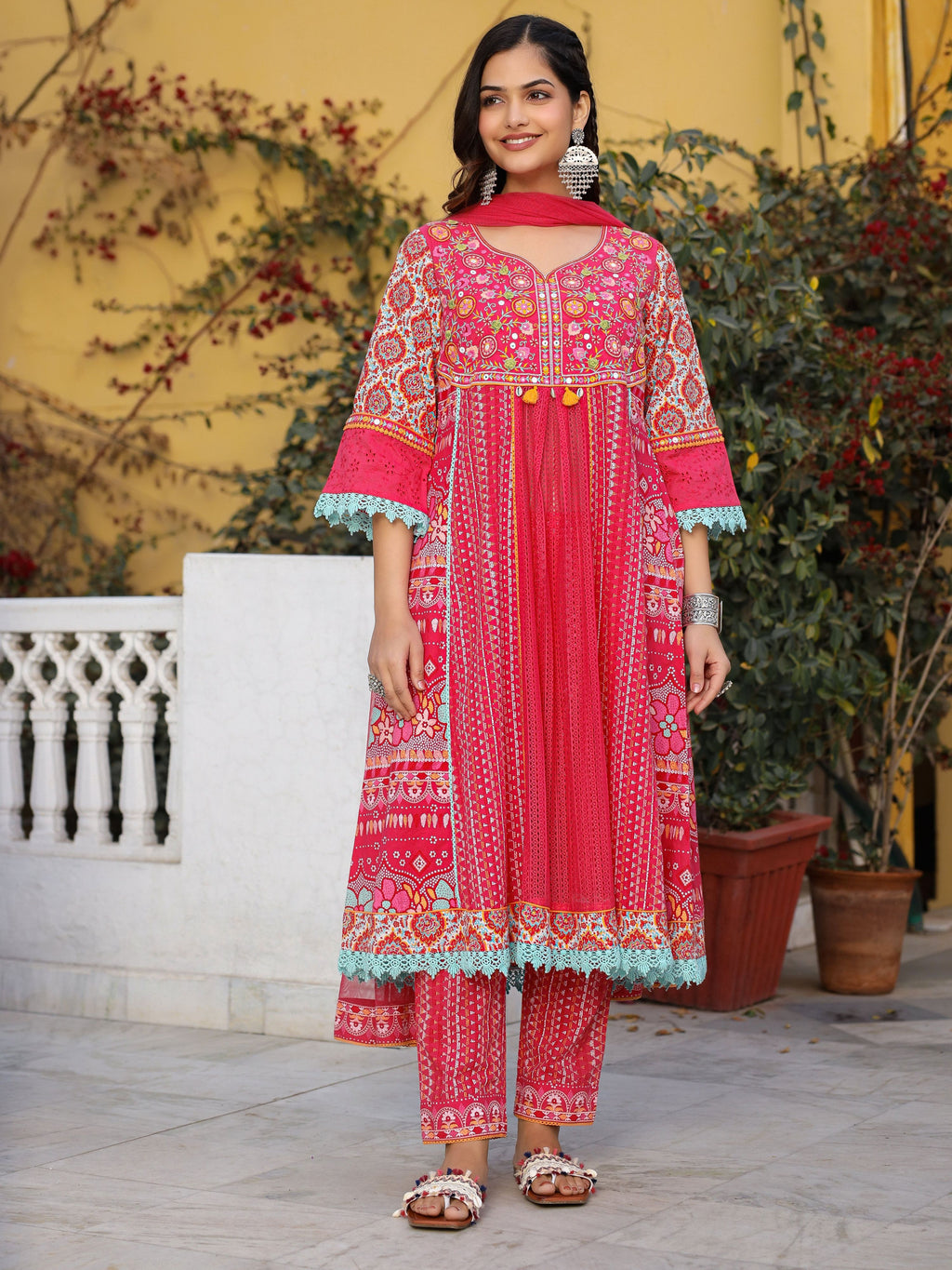 Juniper Sujani Pink Cotton & Net Floral Printed & Embroidered Panelled Kurta With Pants And Dupatta Set | Grocsy