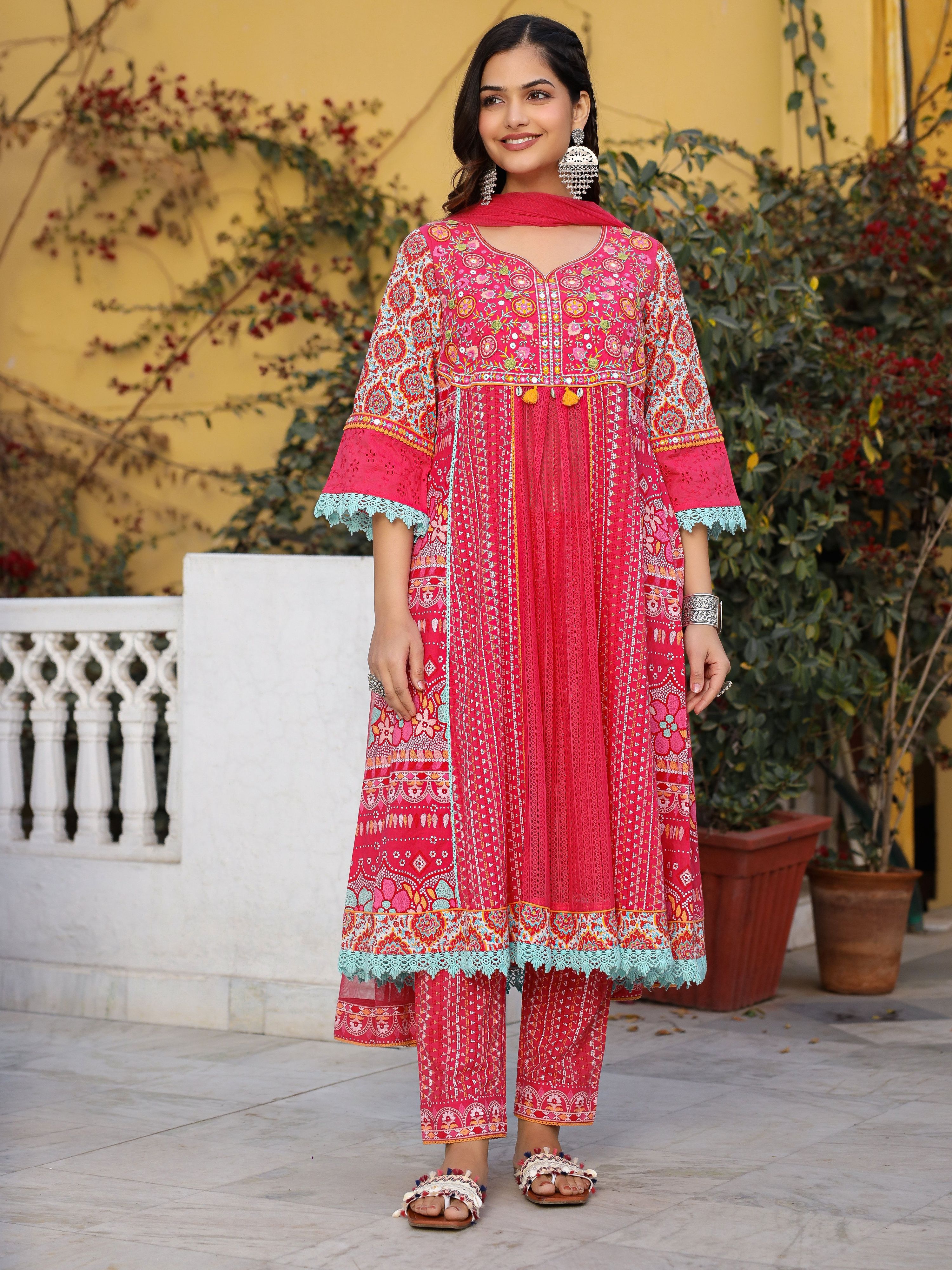 Juniper Sujani Pink Cotton & Net Floral Printed & Embroidered Panelled Kurta With Pants And Dupatta Set | Grocsy