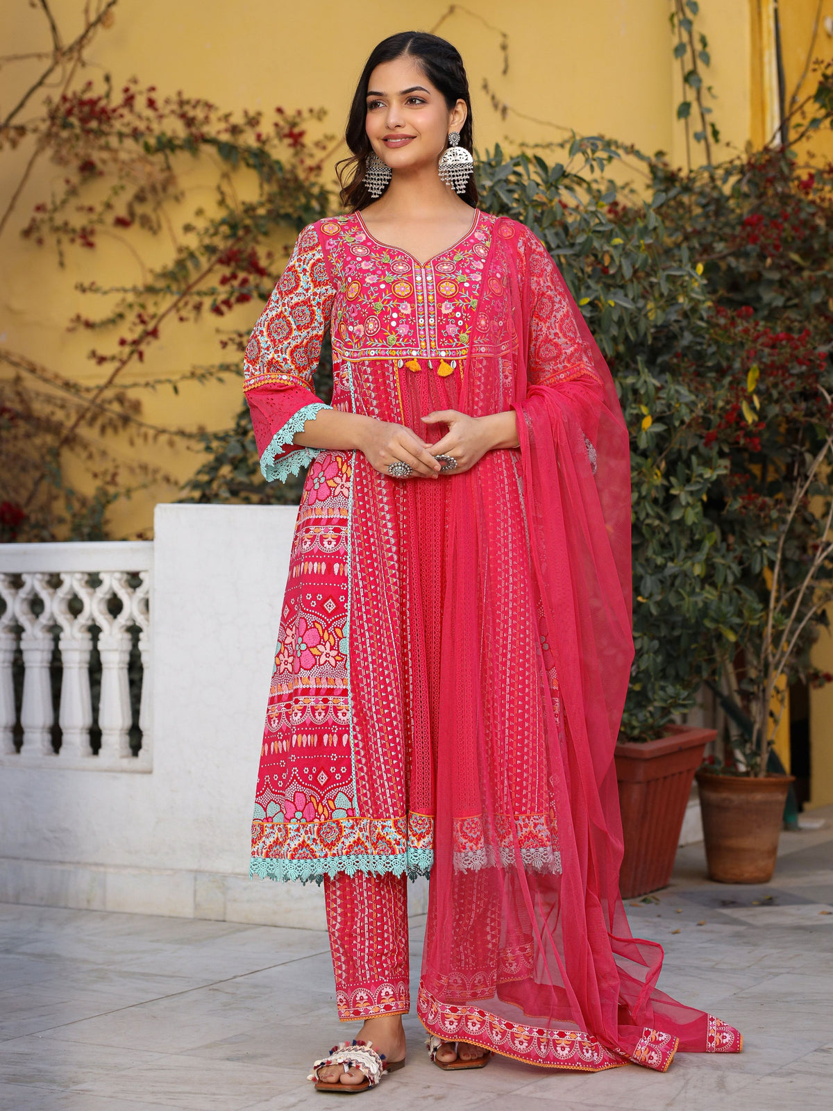 Juniper Sujani Pink Cotton & Net Floral Printed & Embroidered Panelled Kurta With Pants And Dupatta Set | Grocsy