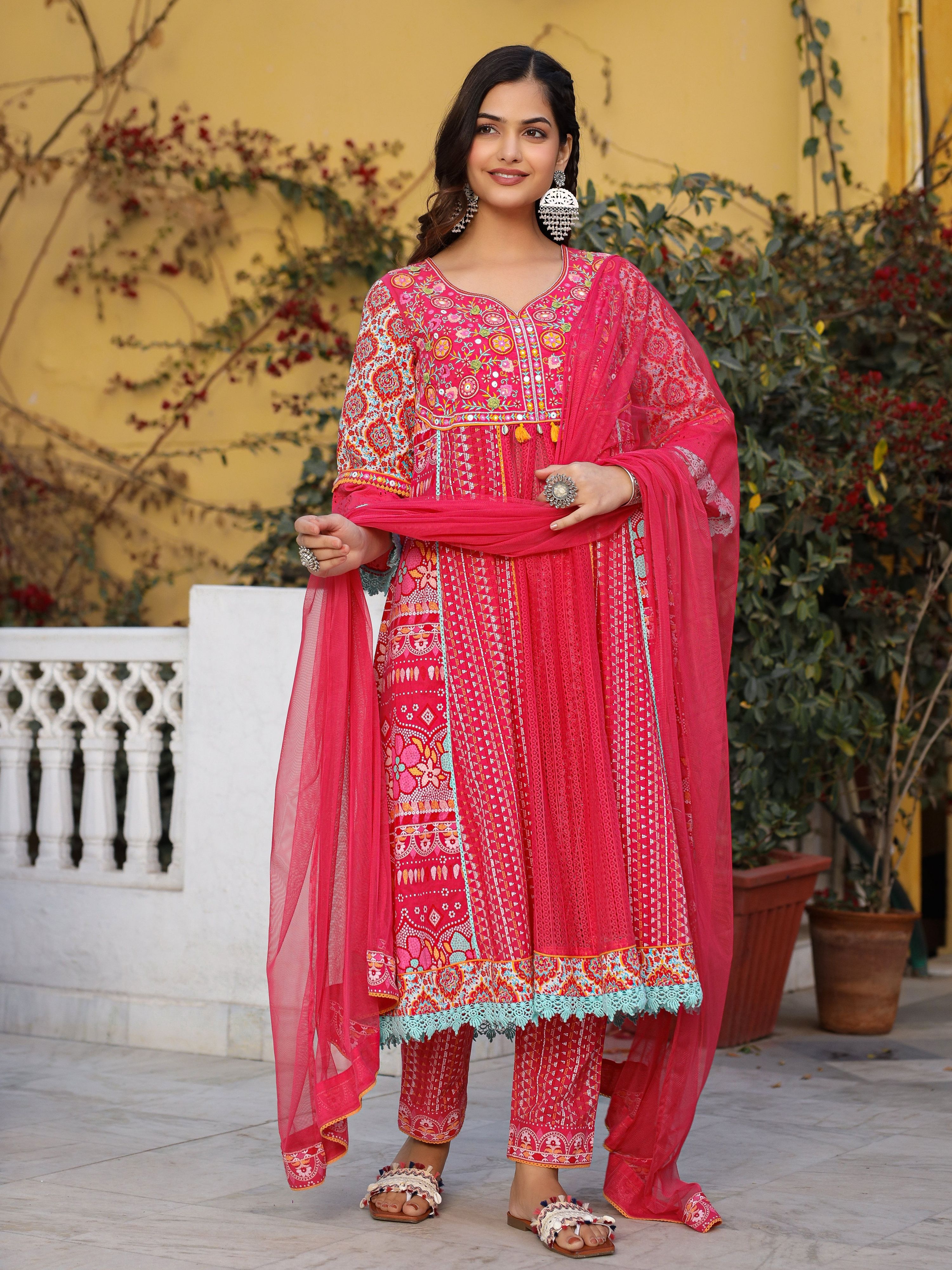 Juniper Sujani Pink Cotton & Net Floral Printed & Embroidered Panelled Kurta With Pants And Dupatta Set | Grocsy