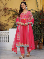 Juniper Sujani Pink Cotton & Net Floral Printed & Embroidered Panelled Kurta With Pants And Dupatta Set | Grocsy