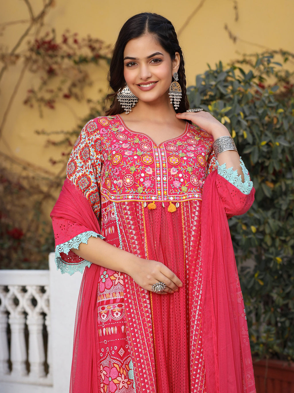 Juniper Sujani Pink Cotton & Net Floral Printed & Embroidered Panelled Kurta With Pants And Dupatta Set | Grocsy