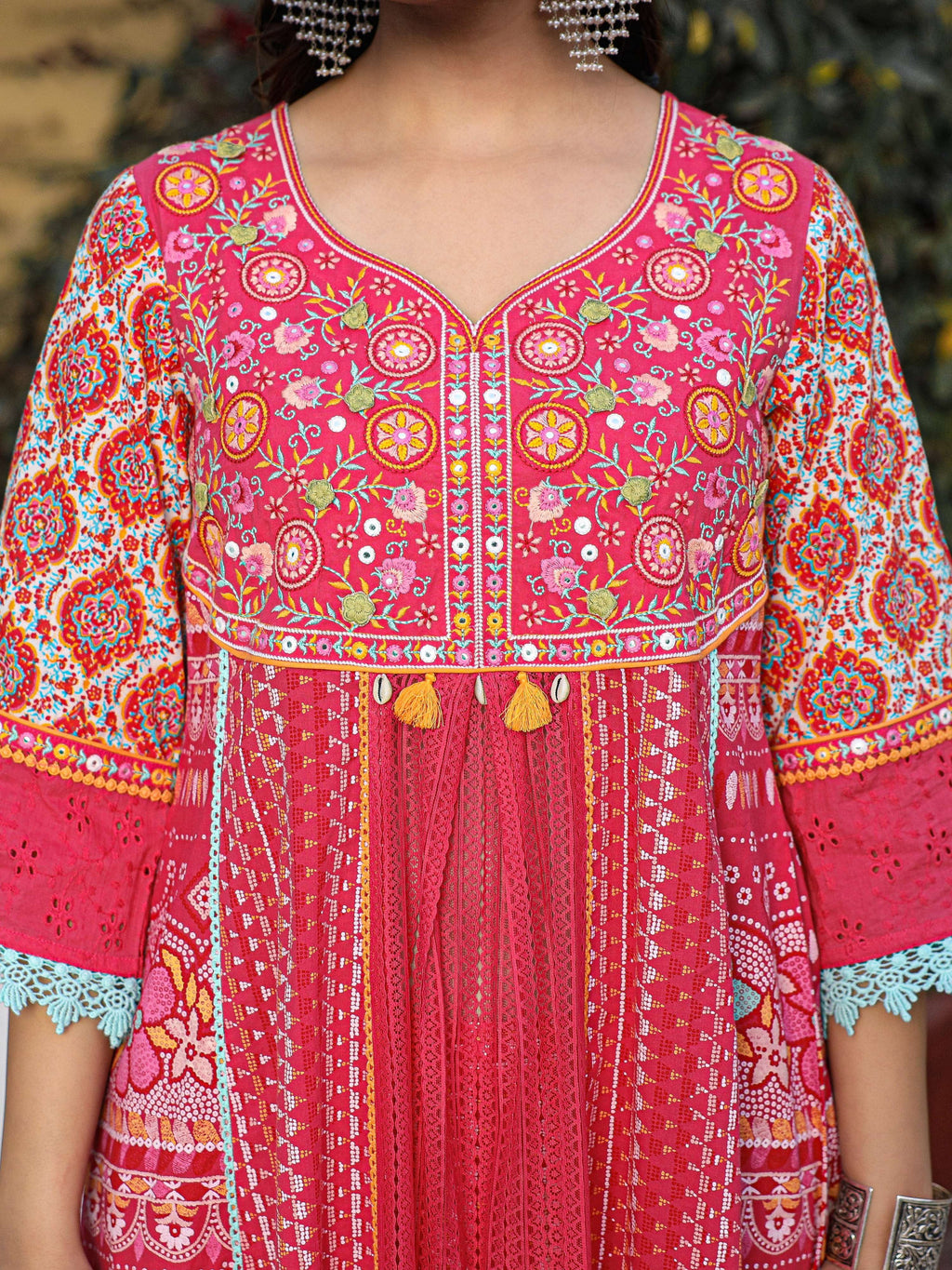 Juniper Sujani Pink Cotton & Net Floral Printed & Embroidered Panelled Kurta With Pants And Dupatta Set | Grocsy