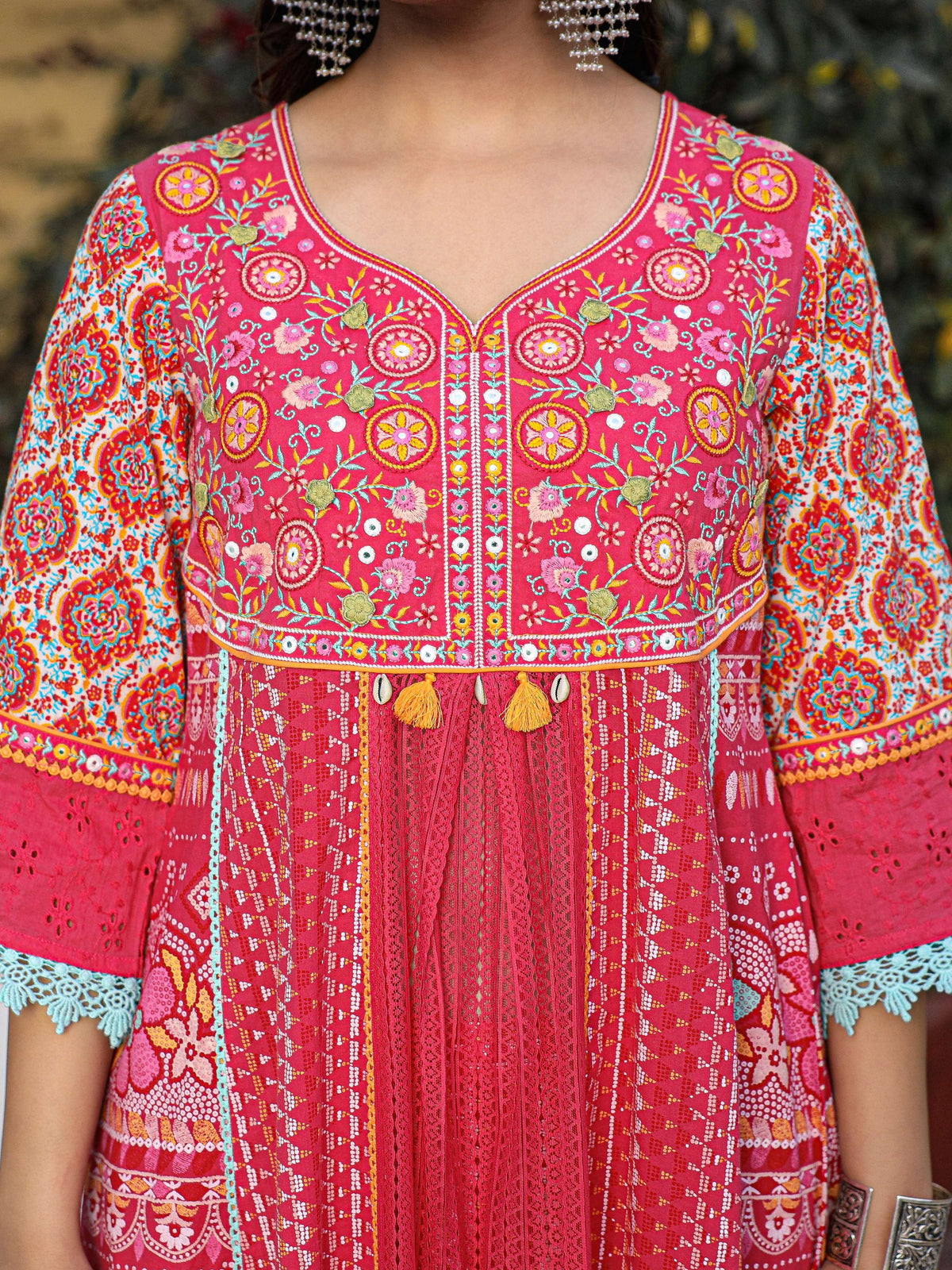 Juniper Sujani Pink Cotton & Net Floral Printed & Embroidered Panelled Kurta With Pants And Dupatta Set | Grocsy