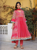 Juniper Sujani Pink Cotton & Net Floral Printed & Embroidered Panelled Kurta With Pants And Dupatta Set | Grocsy