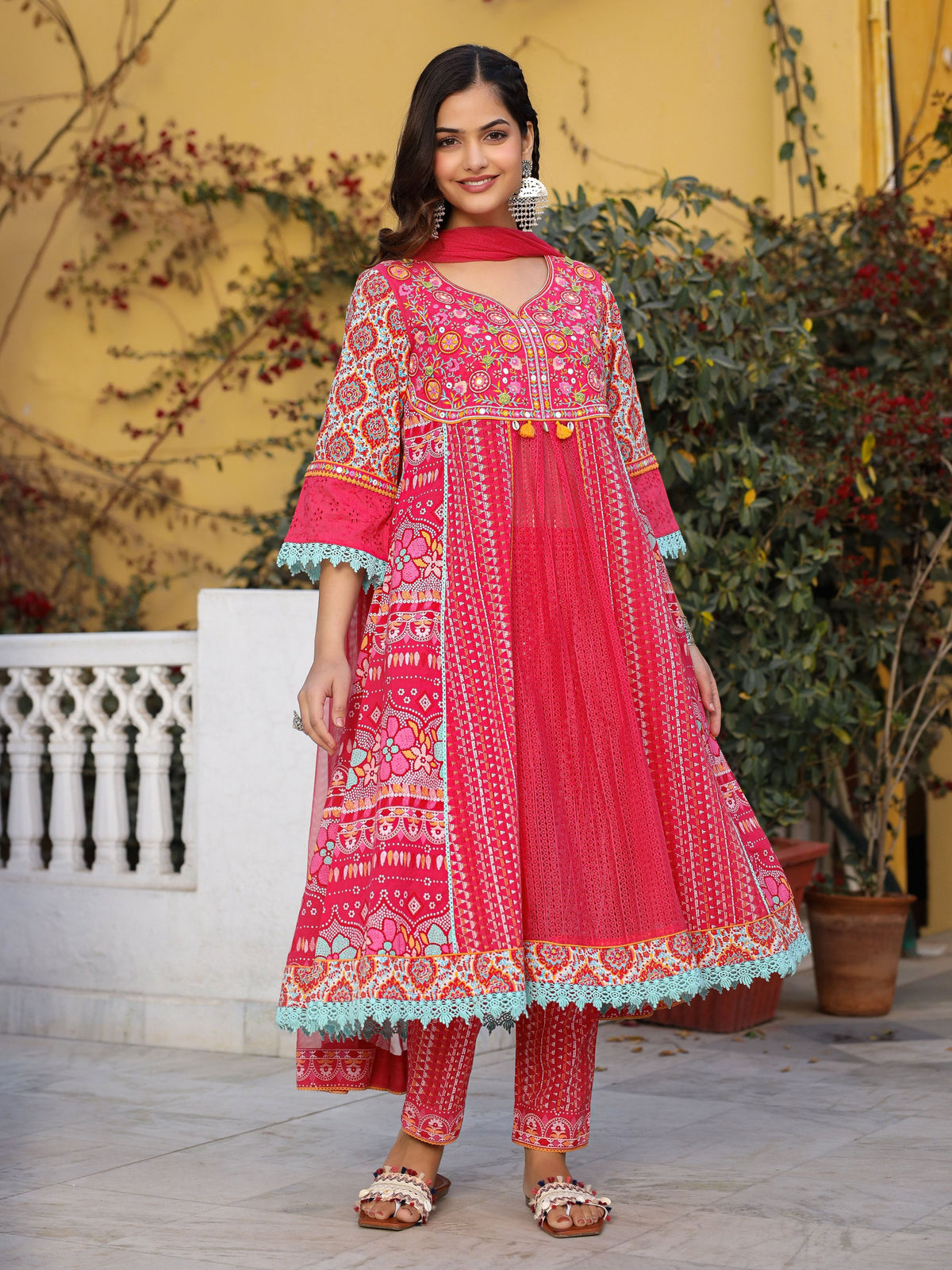 Juniper Sujani Pink Cotton & Net Floral Printed & Embroidered Panelled Kurta With Pants And Dupatta Set | Grocsy