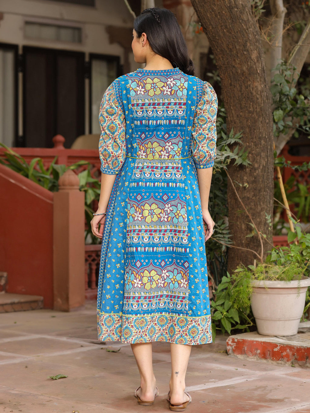 Juniper Blue Floral Printed Pure Cotton Dress & Doris With Beads Work | Grocsy