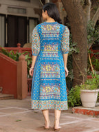 Juniper Blue Floral Printed Pure Cotton Dress & Doris With Beads Work | Grocsy
