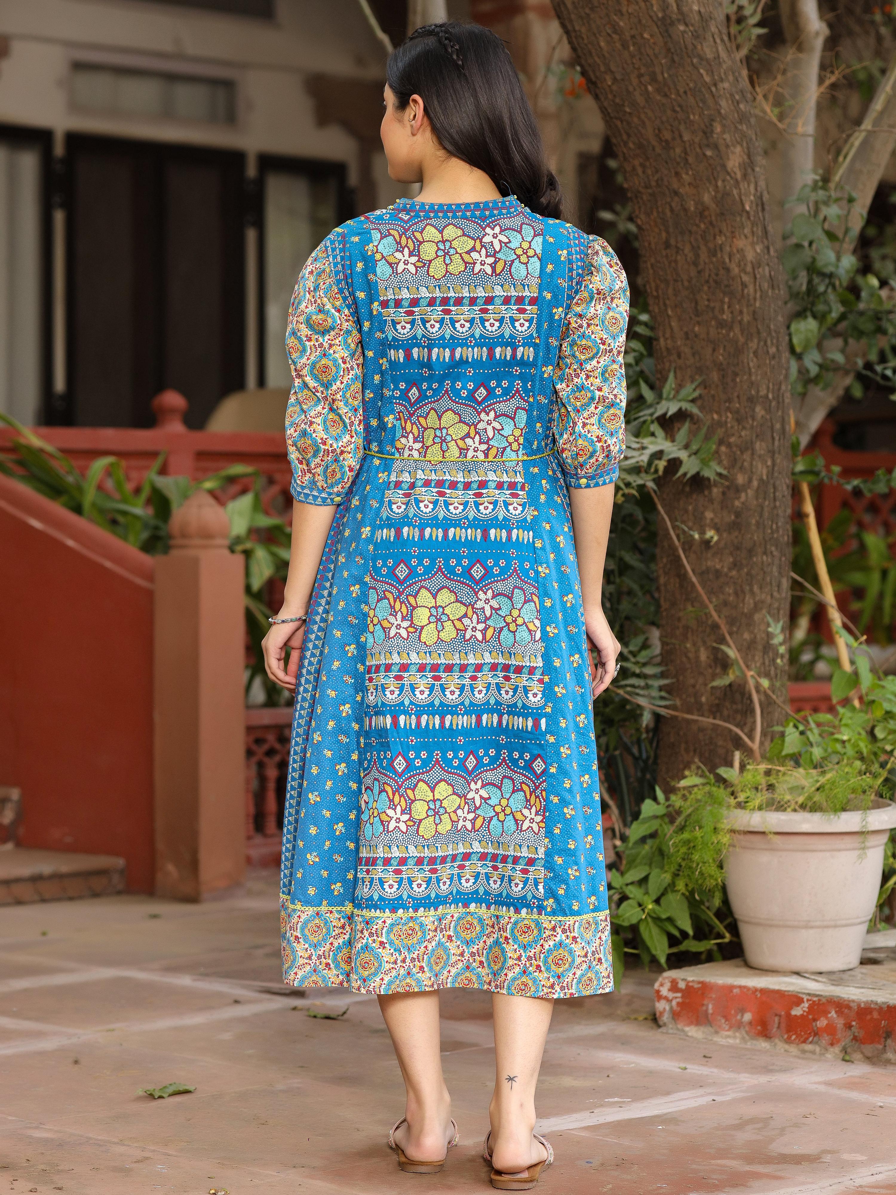 Juniper Blue Floral Printed Pure Cotton Dress & Doris With Beads Work | Grocsy