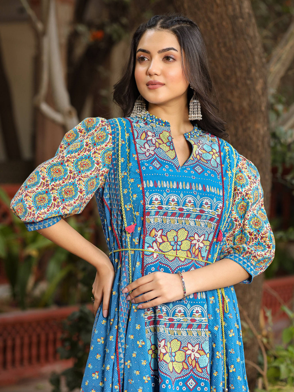 Juniper Blue Floral Printed Pure Cotton Dress & Doris With Beads Work | Grocsy