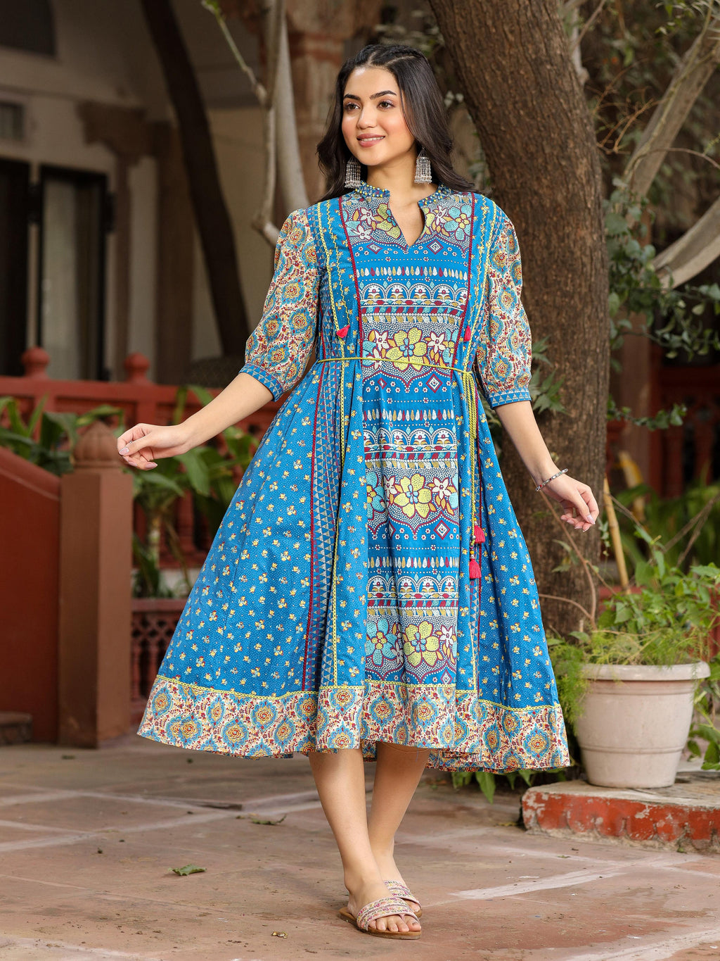 Juniper Blue Floral Printed Pure Cotton Dress & Doris With Beads Work | Grocsy
