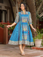 Juniper Blue Floral Printed Pure Cotton Dress & Doris With Beads Work | Grocsy