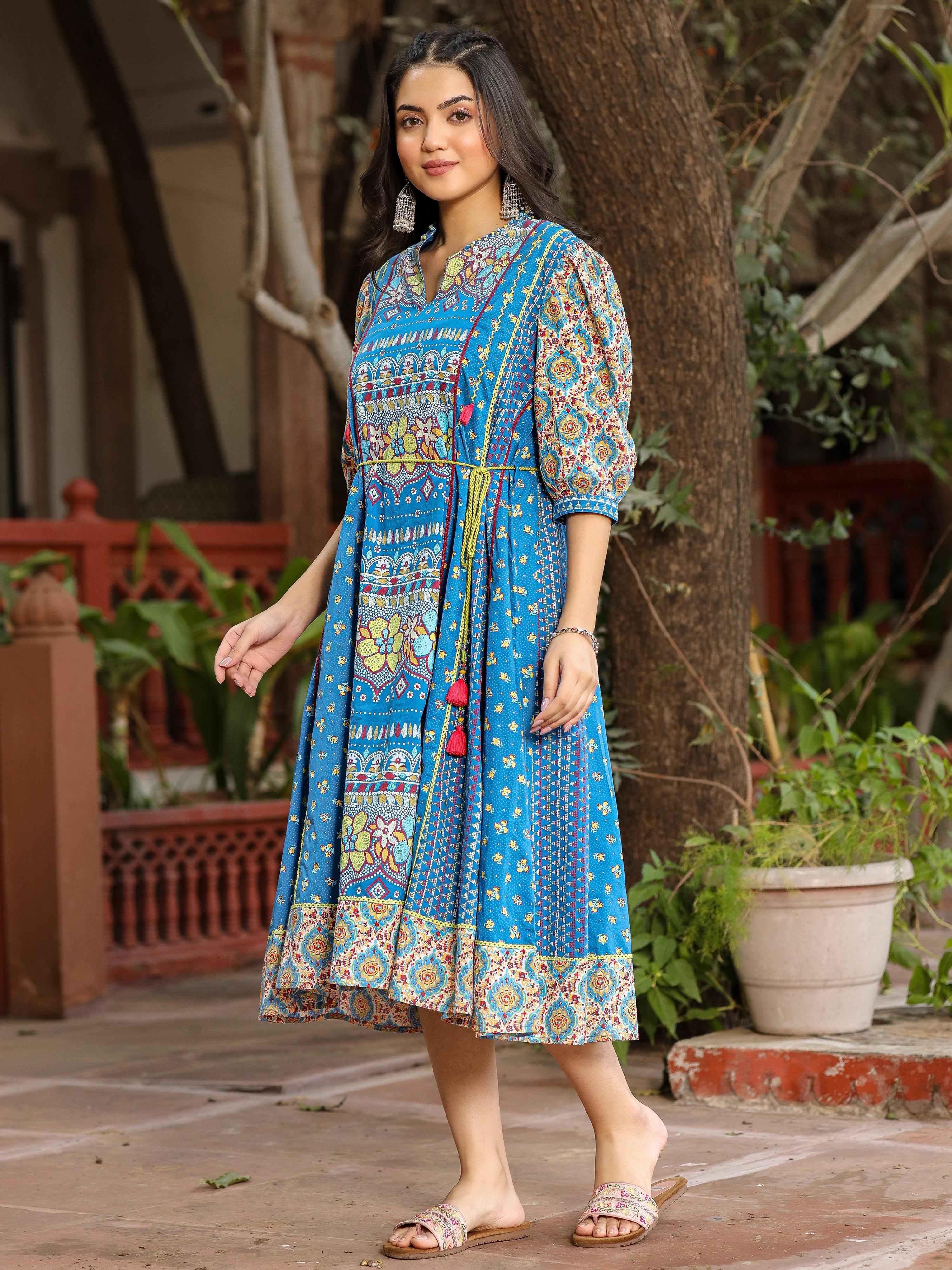 Juniper Blue Floral Printed Pure Cotton Dress & Doris With Beads Work | Grocsy