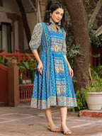 Juniper Blue Floral Printed Pure Cotton Dress & Doris With Beads Work | Grocsy