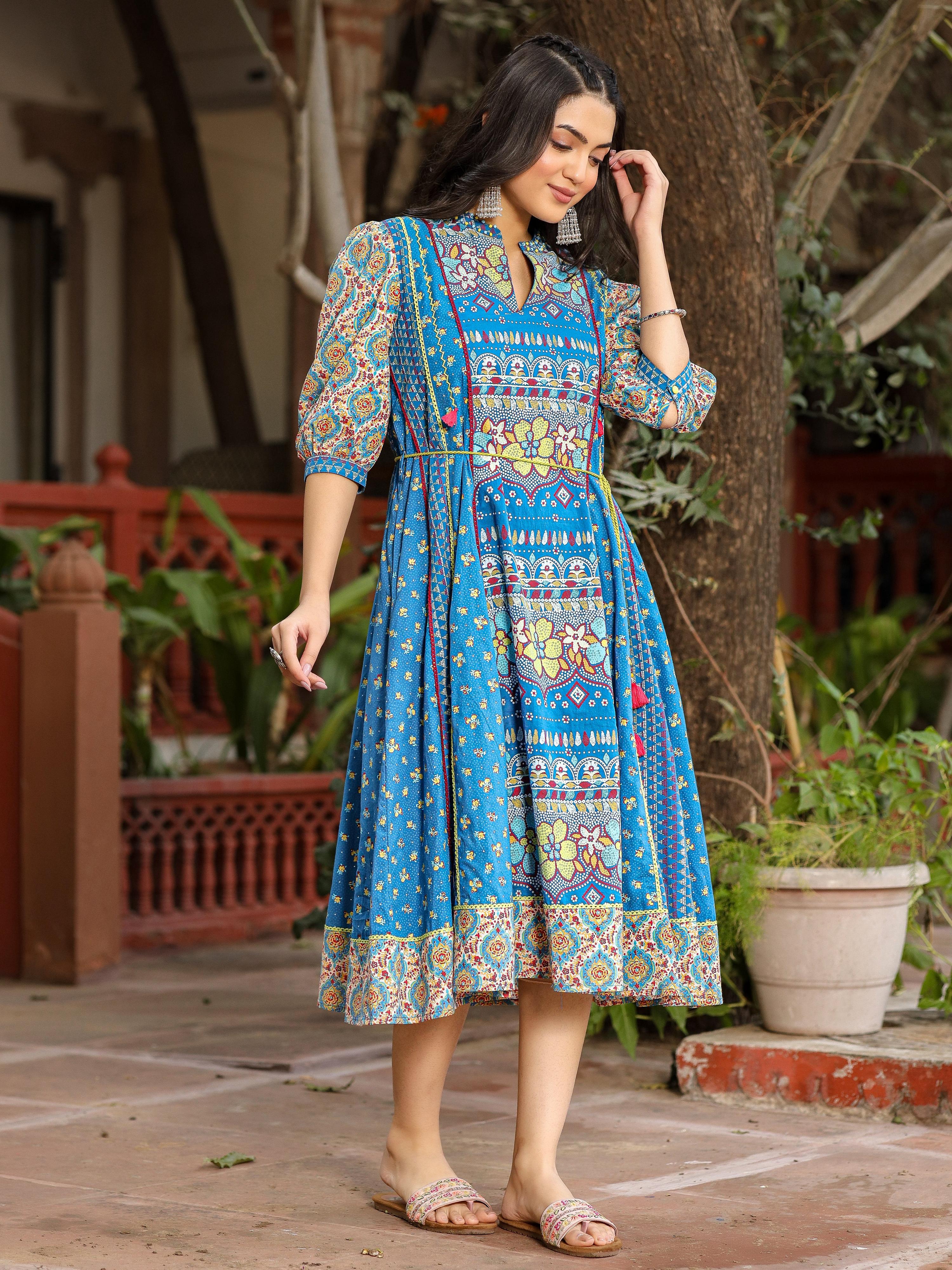 Juniper Blue Floral Printed Pure Cotton Dress & Doris With Beads Work | Grocsy