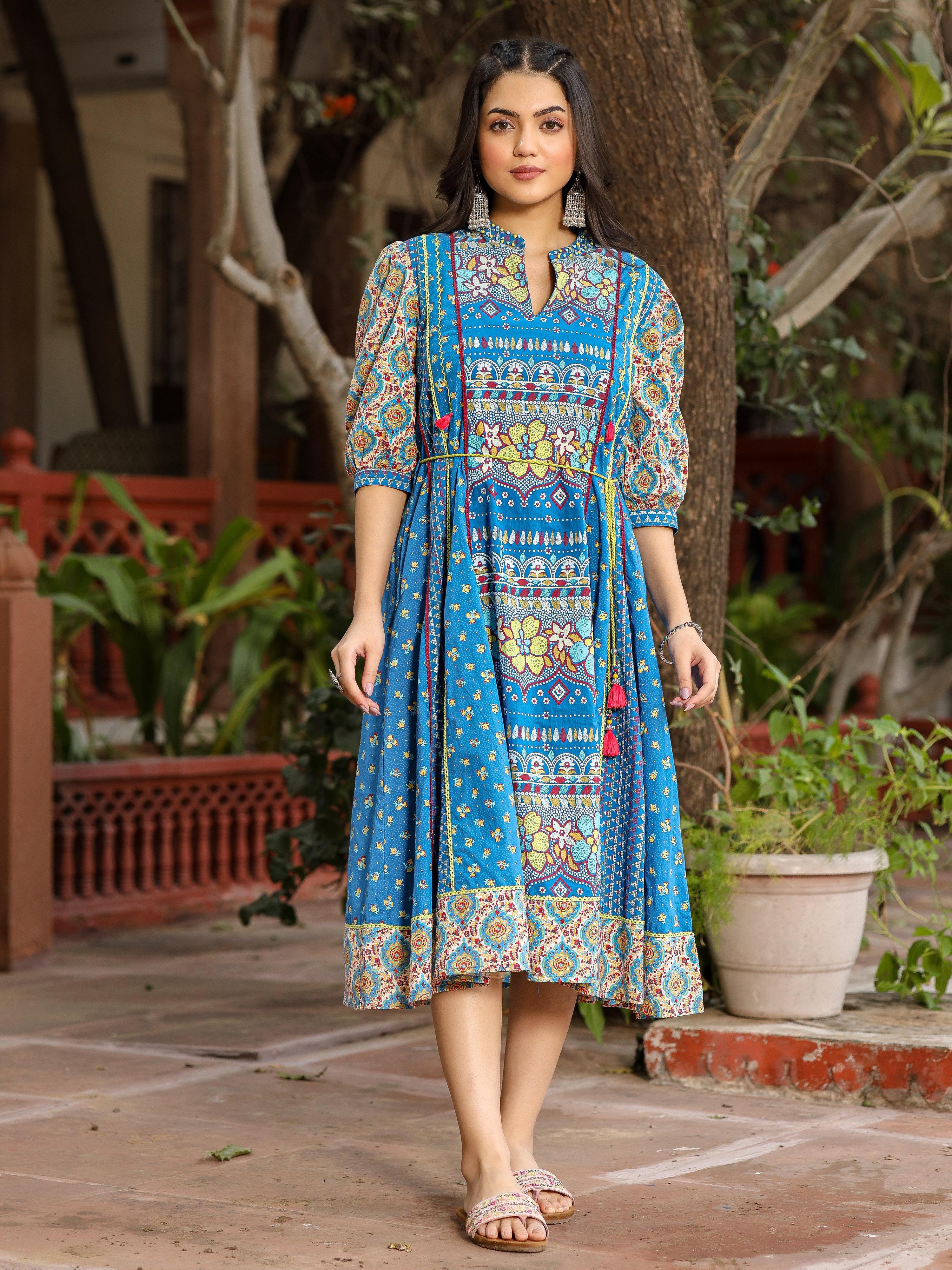 Juniper Blue Floral Printed Pure Cotton Dress & Doris With Beads Work | Grocsy
