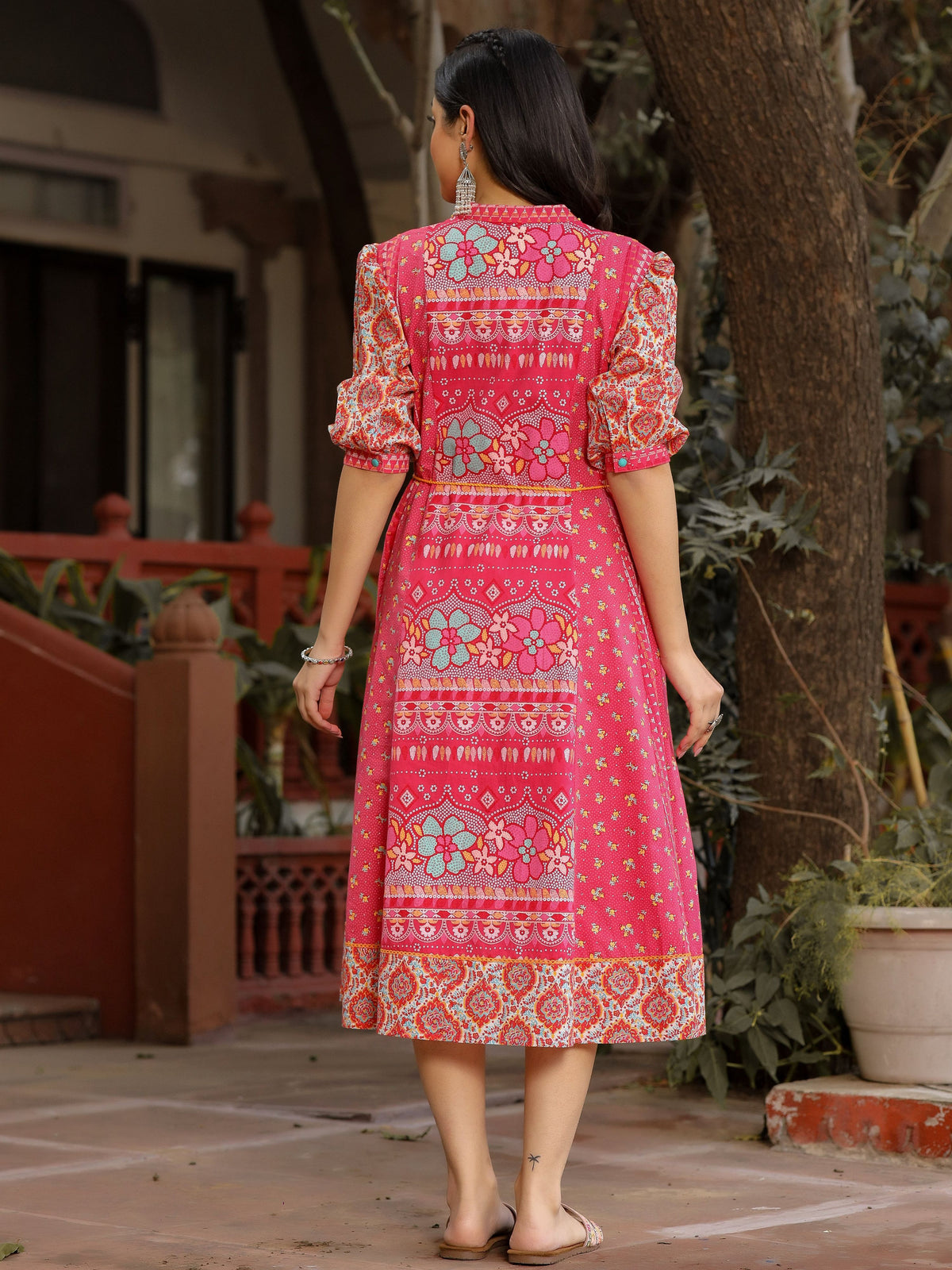 Juniper Women's Pink Floral Printed Pure Cotton Dress & Doris With Beads Work | Grocsy