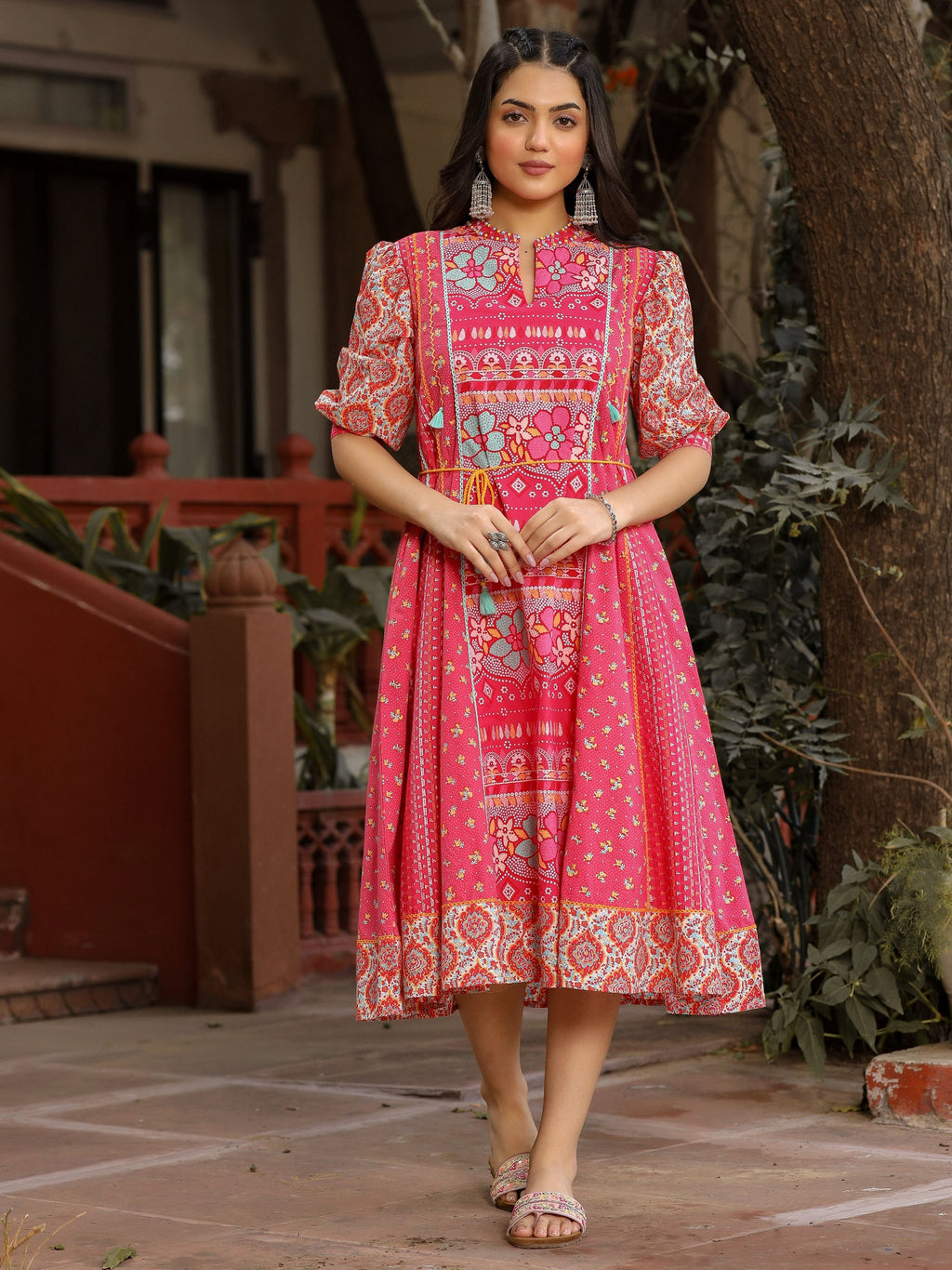 Juniper Women's Pink Floral Printed Pure Cotton Dress & Doris With Beads Work | Grocsy