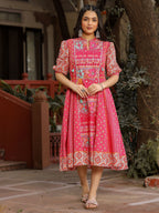 Juniper Women's Pink Floral Printed Pure Cotton Dress & Doris With Beads Work | Grocsy