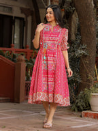 Juniper Women's Pink Floral Printed Pure Cotton Dress & Doris With Beads Work | Grocsy