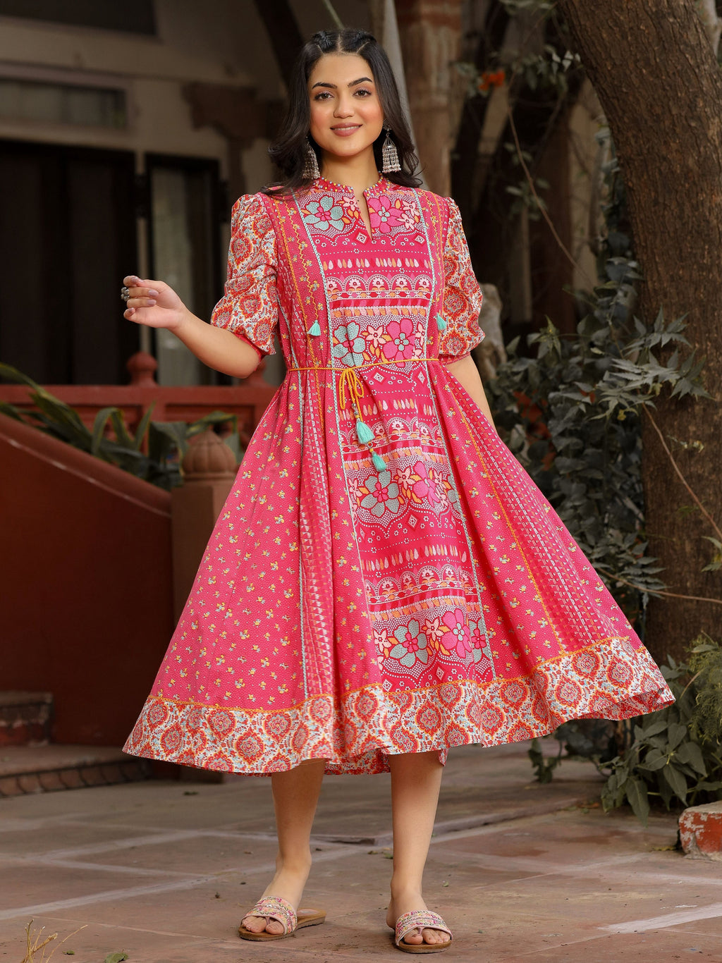 Juniper Women's Pink Floral Printed Pure Cotton Dress & Doris With Beads Work | Grocsy