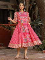 Juniper Women's Pink Floral Printed Pure Cotton Dress & Doris With Beads Work | Grocsy
