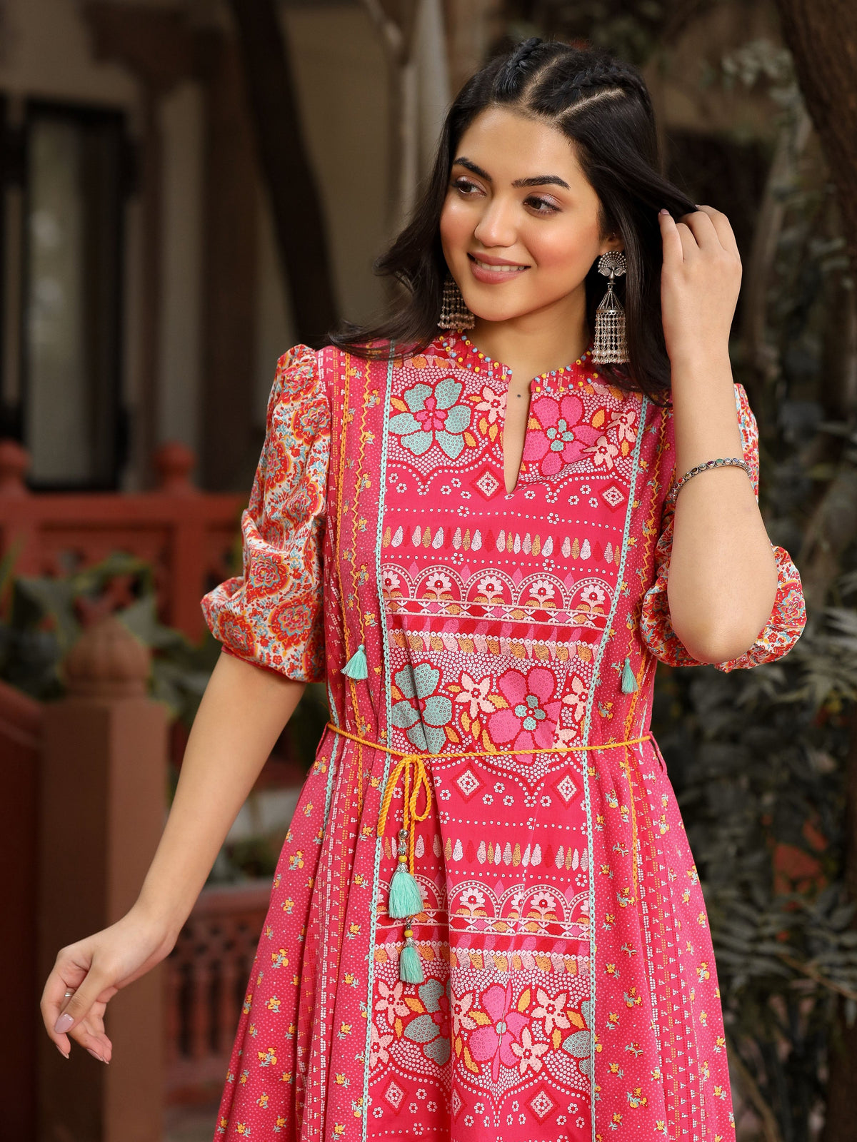 Juniper Women's Pink Floral Printed Pure Cotton Dress & Doris With Beads Work | Grocsy