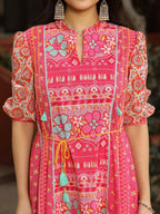 Juniper Women's Pink Floral Printed Pure Cotton Dress & Doris With Beads Work | Grocsy