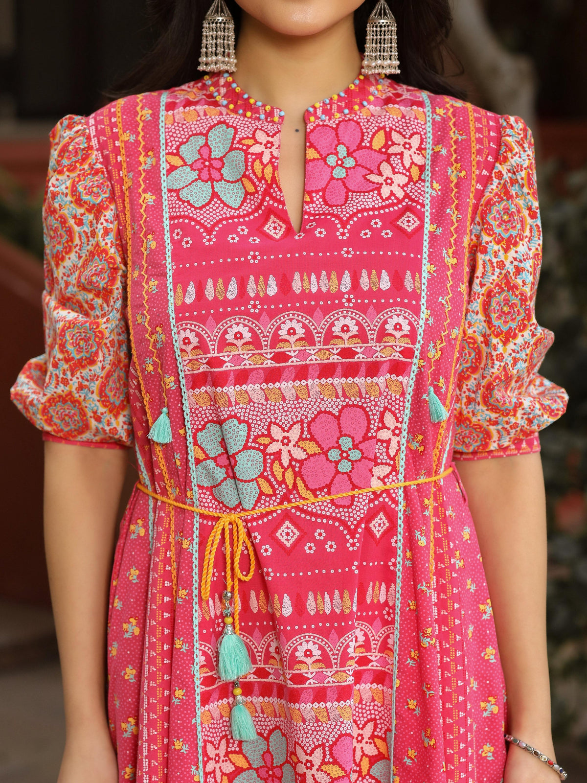 Juniper Women's Pink Floral Printed Pure Cotton Dress & Doris With Beads Work | Grocsy