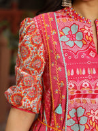 Juniper Women's Pink Floral Printed Pure Cotton Dress & Doris With Beads Work | Grocsy