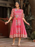 Juniper Women's Pink Floral Printed Pure Cotton Dress & Doris With Beads Work | Grocsy