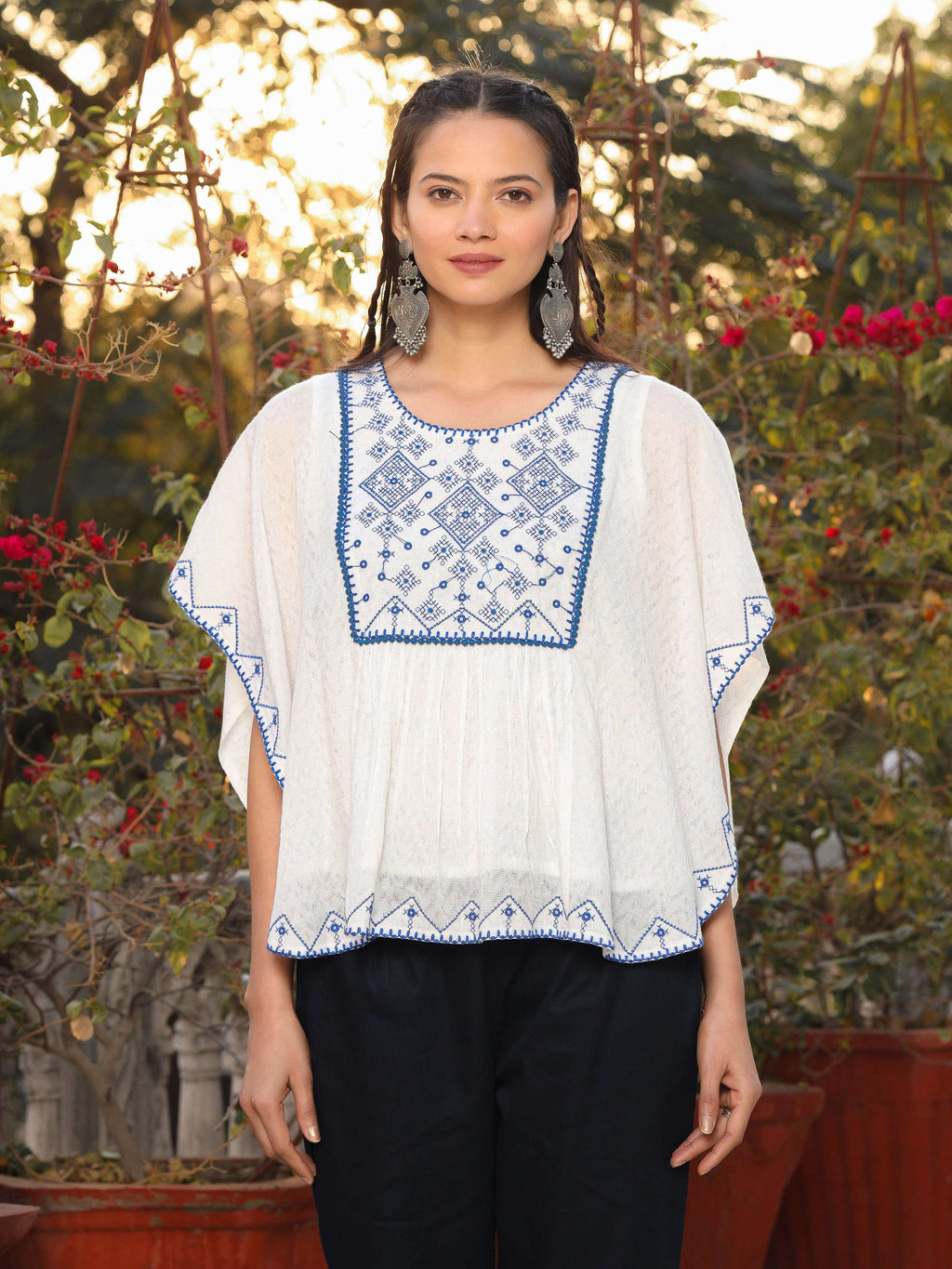 Juniper Women White Viscose Dobby Embroidered Tunic | Grocsy